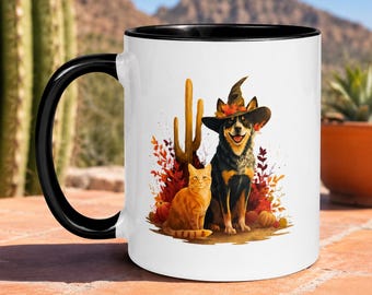 Orange Cat And Heeler In Hat Fall Mug - Autumn Pet Duo