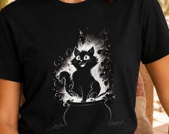 Vintage Black Kitten Cauldron T-Shirt, Witchy Magical Cat Lover Gift Tee
