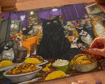 Cat Dog Taco Night Kitchen Chaos Puzzle, Pet Humor Art (120/252/500 pcs)