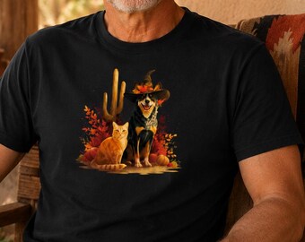 Orange Cat & Heeler Witch Hat Tee - Autumn Pet Duo