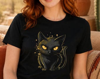Black Cat Golden Eyes T-Shirt, Mystical Unisex Cat Shirt