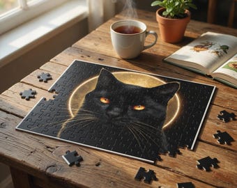 Black Cat Moon Jigsaw Puzzle, Gothic Witchy Cat Art, Amber Eyes