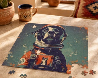 Retro Astronaut Dog Jigsaw Puzzle with Cat – Space Animal Art (120/252/500 pcs)