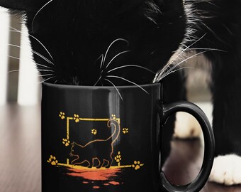 Black Cat Silhouette Mug | Paw Print Cat Lover Coffee Cup