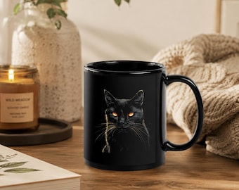 Black Cat Mug | Gothic Cat Coffee Cup with Golden Eyes