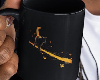 Black Cat Mug | Funny Cat Chaos Coffee Cup with Paw Prints