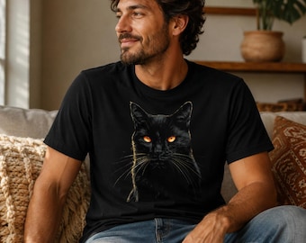 Black Cat T-Shirt | Gothic Cat Portrait Tee with Amber Eyes