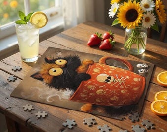 Spooky Cat Jigsaw Puzzle, Black Orange Skull Mug Art, Gothic Halloween Cat