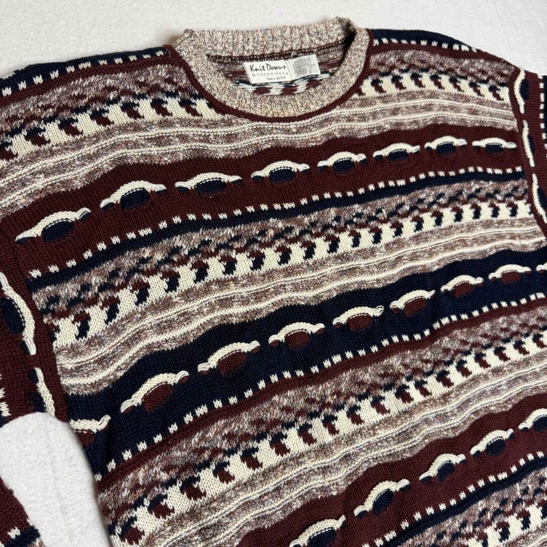 Vintage Knit Downs Coogi Style Pattern Crewneck Sweater Burgundy Navy ...