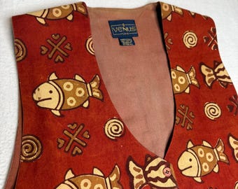 Vintage Venus Love Womens Red Fish Print Sleeveless Vest Lightweight Cotton