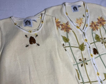 Vintage Storybook Knits Bee Flower Embroidered Cardigan Vest Set Women's M