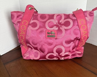 Coach Pink Optic C Signature Satin Tote Bag Leather Trim Gold 1941 Straps