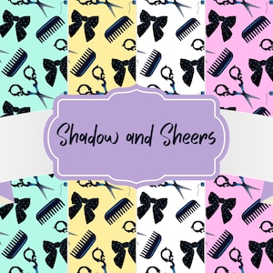 May include: A repeating pattern with black scissors, bows, and combs on pastel backgrounds. The text "Shadow and Sheers" is in a purple banner. Suitable for fabric or wallpaper design.