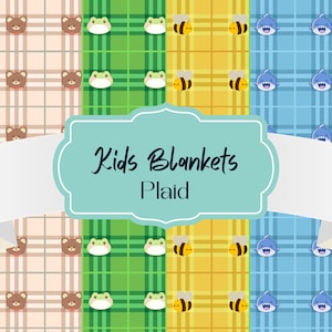 Könnte beinhalten: Eine Auswahl an Karomustern für Kinderdecken, mit Bären, Fröschen, Bienen und Haien. Die Designs sind in Pastellfarben gehalten, mit einem Etikett mit der Aufschrift "Kids Blankets Plaid".