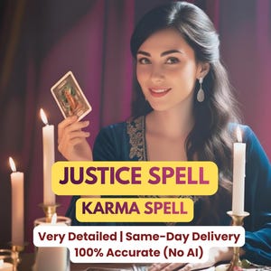 Może przedstawiać: Kobieta trzyma kartę tarota, ze świecami na stole. Obraz zawiera tekst "JUSTICE SPELL" i "KARMA SPELL". Dodatkowy tekst brzmi "Very Detailed | Same-Day Delivery 100% Accurate (No AI)".