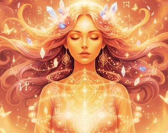 Puede incluir: Ilustración digital de una mujer con los ojos cerrados, rodeada de un aura cálida y brillante. Su largo cabello suelto está adornado con cristales y mariposas. La obra presenta símbolos celestiales y una paleta de colores suave y etérea.