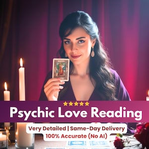 May include: A woman holding a tarot card with a picture of a person. The image has a purple banner with the text "Psychic Love Reading". Lit candles and a red curtain are in the background.
