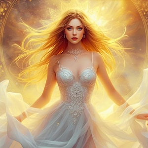 May include: Digital art of a woman with long, flowing blonde hair and a white dress. She is surrounded by a golden light, with a halo-like effect behind her. The dress has a detailed bodice and flowing skirt.
