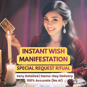 Puede incluir: Una mujer sonríe, sosteniendo una carta del tarot, con velas encendidas. La imagen incluye texto: "INSTANT WISH MANIFESTATION SPECIAL REQUEST RITUAL" y "Very Detailed | Same-Day Delivery 100% Accurate (No AI)".