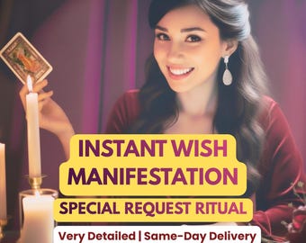 May include: A woman smiling, holding a tarot card and a lit candle. The image has text that reads "INSTANT WISH MANIFESTATION SPECIAL REQUEST RITUAL" and "Very Detailed | Same-Day Delivery 100% Accurate (No AI)". The background is a dark purple.