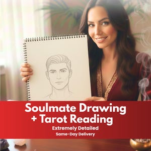 May include: A sketch of a man's face on a spiral-bound notepad. The image is held by a person. The text on the image reads "Soulmate Drawing + Tarot Reading" with the subtext "Extremely Detailed" and "Same-Day Delivery".