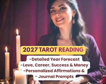 May include: A digital graphic featuring the text 2027 TAROT READING, Detailed Year Forecast, Love, Career, Success & Money, Personalized Affirmations & Journal Prompts. The image shows a person with long dark hair in a purple top behind tarot cards.