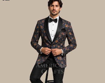Men's Floral Wedding Tuxedo, Navy Brocade Blazer, Luxury Groom Jacket, Formal Evening Wear, Prom Suit