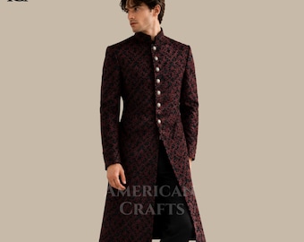 Herren Luxus Brokat Langer Mantel, Rot Schwarz Sherwani Jacke, Gothic Royal Hochzeitskleidung, Maharaja Style Outfit