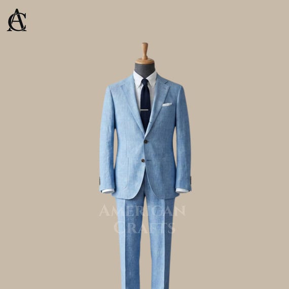 Sky Blue Linen Suit for Men, Light Blue Summer Wedding Suit, 2 Piece Linen Suit Groom Outfit, Beach Wedding Suit, Custom Mens Formal Suit