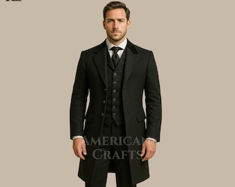 Viktorianischer Schwarzer Gehrock Anzug | Gothic Frack Herren | Individuelle Historisches Kostüm | Handgefertigter Anzug | Steampunk-Outfit | Regency-Stil Mantel