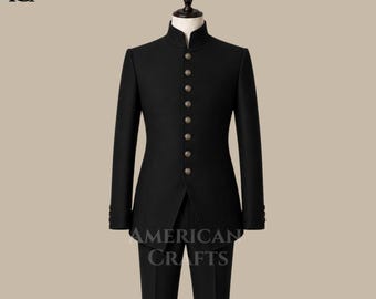 Herren Schwarzer viktorianischer Gothic chinesischer Tunika-Anzug, Regency Bandhgala Jodhpuri Jacke, historisches Abschlussball-Empfangs-Outfit