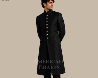 Abrigo Sherwani de brocado negro para hombre, chaqueta gótica para boda, abrigo de príncipe victoriano, abrigo largo indo-occidental para novio