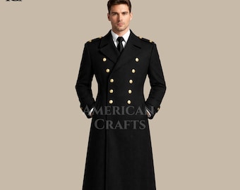 Military Style Black Trench Coat – Men’s Custom Wool Greatcoat – Royal Officer Inspired Double Breasted Overcoat – Victorian Gothic Coat