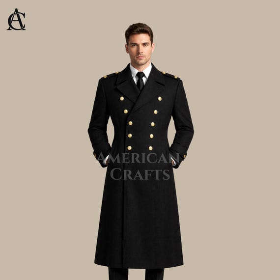 Buy Military Style Black Trench Coat – Men's Custom Wool Greatcoat