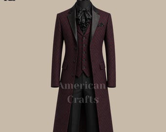 Traje gótico burdeos con frac para hombre, traje victoriano formal, atuendo vintage para bodas, traje steampunk de 3 piezas con abrigo largo y pantalón negro.