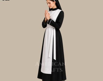 Traditionelles Nonne Habit Kleid für Frauen, katholisches religiöses Kostüm, schwarz-weiße Schwester Robe