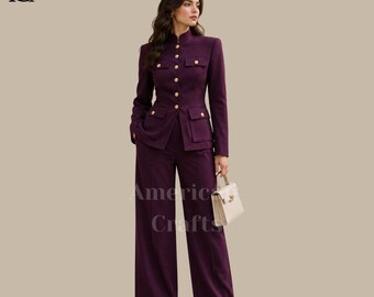 Purple Mandarin Collar Pantsuit, Military Inspired Women's Suit, Formal Office Outfit, Designer Business Suit, Handmade Womenswear