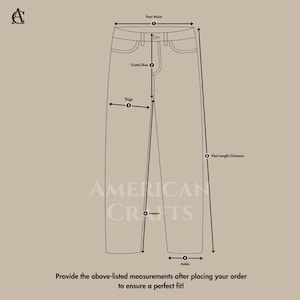 K&ouml;nnte beinhalten: Diagramm einer Hose mit Ma&szlig;angaben f&uuml;r Taille, Schritt/Bund, Oberschenkel, Innenbein, Kn&ouml;chel und Hosenl&auml;nge. Der Text "AMERICAN CRAFTS" wird angezeigt. Der Text unten lautet: "Geben Sie die oben aufgef&uuml;hrten Ma&szlig;e nach Ihrer Bestellung an, um eine perfekte Passform zu gew&auml;hrleisten!"