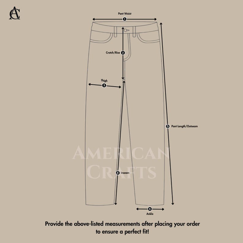 K&ouml;nnte beinhalten: Diagramm einer Hose mit Ma&szlig;angaben f&uuml;r Taille, Schritt/Bund, Oberschenkel, Innenbein, Kn&ouml;chel und Hosenl&auml;nge. Der Text "AMERICAN CRAFTS" wird angezeigt. Der Text unten lautet: "Geben Sie die oben aufgef&uuml;hrten Ma&szlig;e nach Ihrer Bestellung an, um eine perfekte Passform zu gew&auml;hrleisten!"