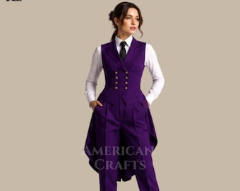 Luxury Purple Tailcoat Pantsuit for Women, Victorian Inspired Formal Outfit with Regal Military Style Designer Elegance