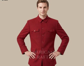 Herren Khaki chinesischer Tunika-Anzug, Mao-Kragen im Militärstil Abendgarderobe für Herren, klassisches Safari-Jacken-Ensemble, maßgeschneiderter Luxusanzug