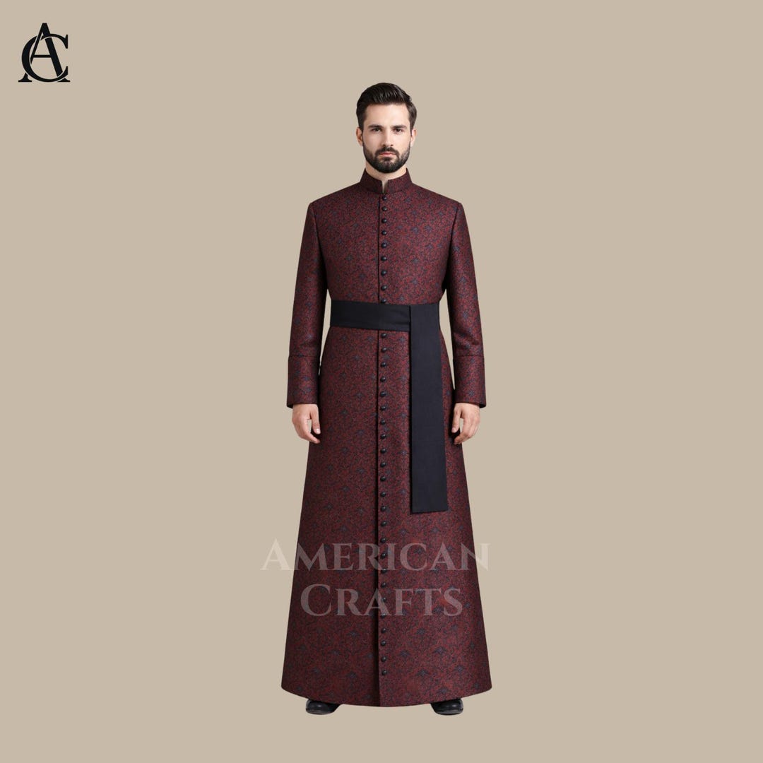 Mens Red Brocade Cassock Robe Gothic Priest Coat Victorian Long Clergy ...