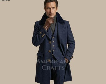 Bespoke Grey Herringbone Tweed Long Coat 3 Piece Custom Suit for Men Made to Measure Wool Trench Coat with Contrast Collar Vest for Wedding