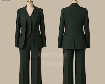 Forest Green Women's Suit Set, Formal Blazer and Vest Outfit, Executive Office Wear, Handmade Pantsuit, Custom Made Suit