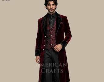 Herren Burgunder Samt Frack Anzug, viktorianischen Gothic Hochzeitsmantel, Benutzerdefinierte Abschlussball Smoking Outfit, Steampunk Formelle Kleidung Männer