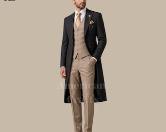 Men's Charcoal Tailcoat Suit, Victorian Formal Suit, Regency Groom Outfit, Morning Coat Wedding Suit, Custom Three Piece Tuxedo