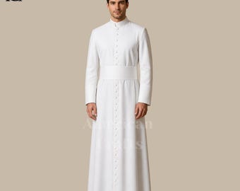 Weiße römische Kassock für Männer Benutzerdefinierte Geistliche Robe Priester Kassock katholische Kirche Outfit traditionelle klerikale Kleidung