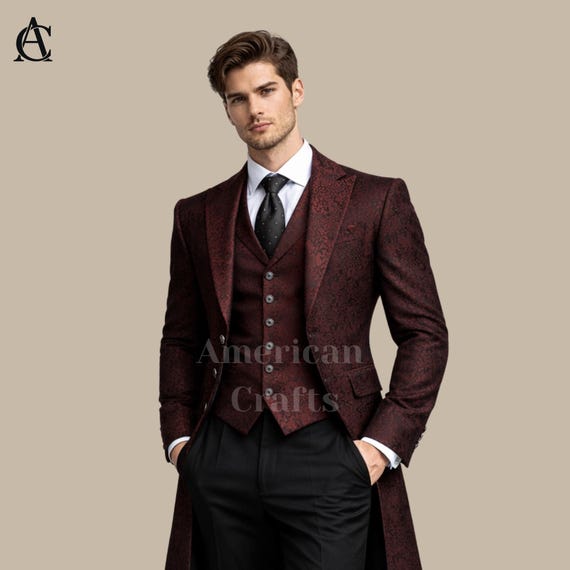 Gothic Victorian Suit Men, Burgundy Tailcoat Suit, 3 Piece Wedding Suit, Steampunk Formal Suit, Vintage Groom Outfit Gothic Wedding Suit Men