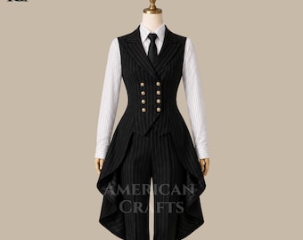 Schwarzes Nadelstreifen-Gothic-Frack-Set für Frauen, viktorianischer Chefanzug, Steampunk-inspiriertes Power-Dressing-Outfit