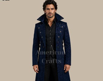 Trench-coat gothique bleu marine pour homme, manteau de vampire victorien, costume d'Halloween, veste de cosplay steampunk, manteau long de style Régence, confection sur mesure